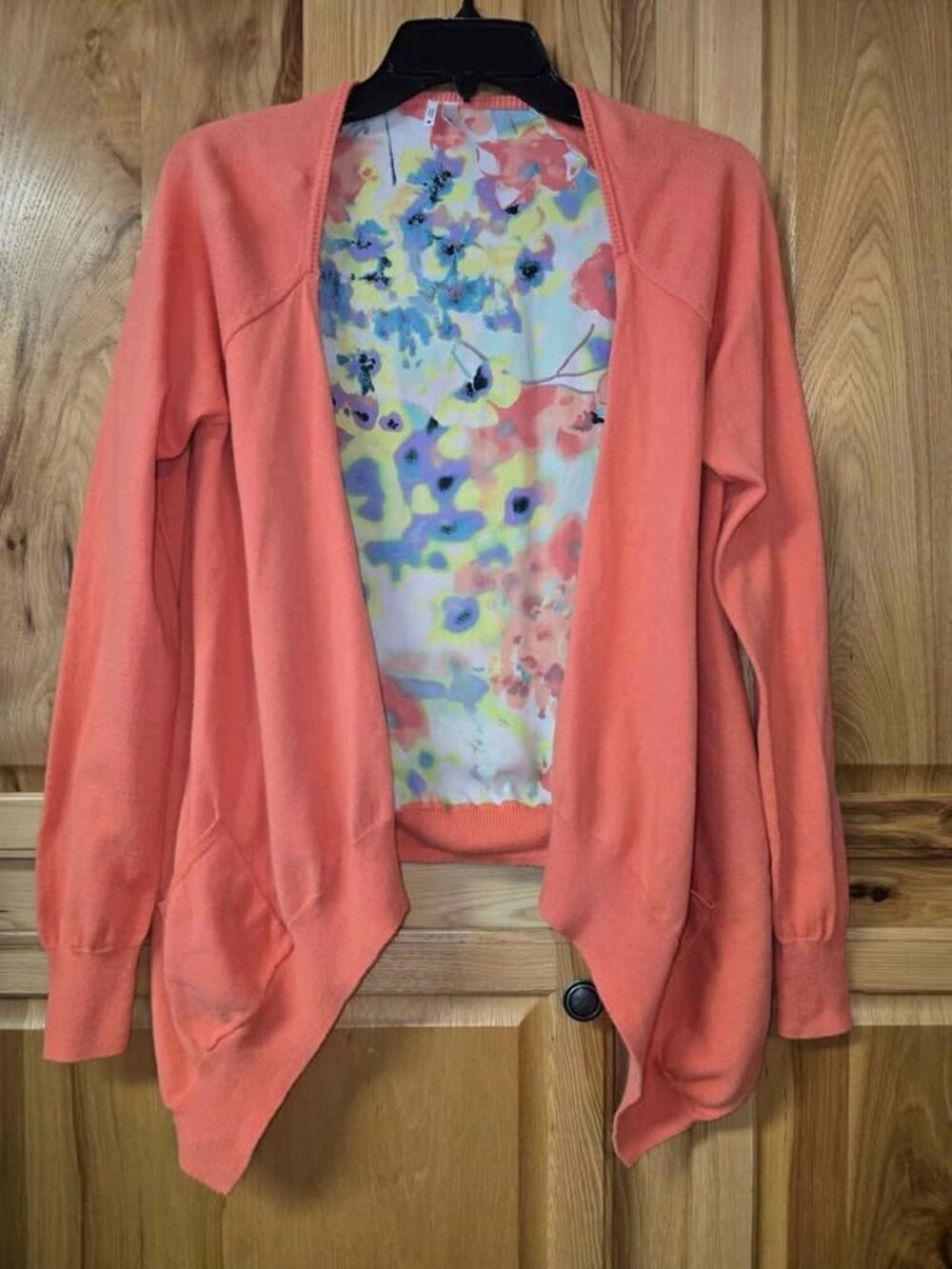 Studio Y Lightweight Coral w/ Multi-Color Floral Back Open Front Cardigan Sz: M